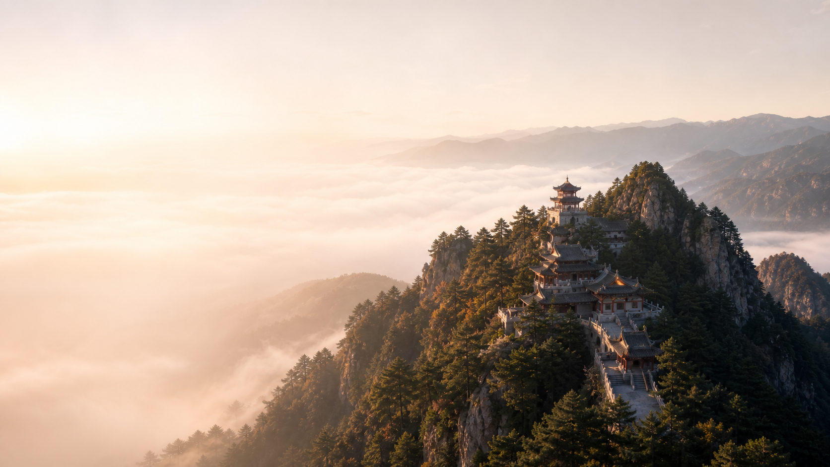 晨雾中的崆峒山建筑群